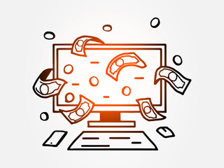 Computer monitor and money are hand drawn, doodle illustration of digital money, e commerce, internet earnings. Vector illustration of business and finance.