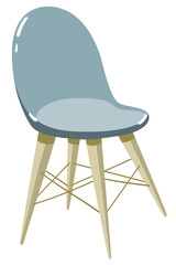 Simple minimalistic flat illustration of cute blue scandinavian plastic chair with higt beige and brown four wood legs - 472397649