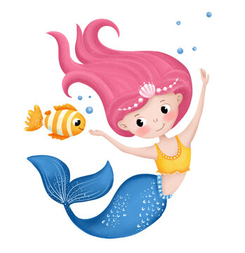 Mermaid character swimming with a goldfish