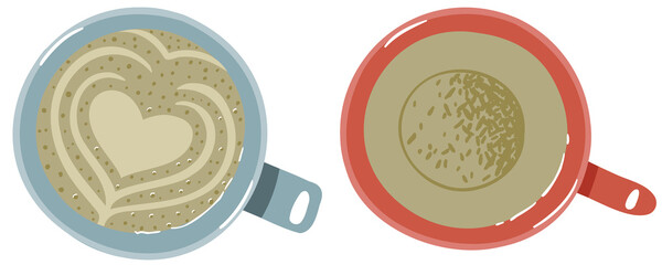 Simple minimalistic flat illustration of top view of two mugs with coffee with heart shaped foam and tea with tea leaves