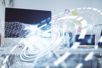 Double exposure of data theme drawing and office interior background. Concept of technology.