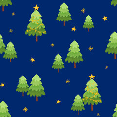 Seamless Christmas pattern. Christmas trees, stars and snowflakes. New Year and Christmas holidays, New Year's decor for home and clothes	
