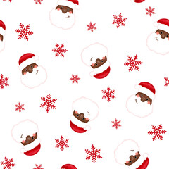 Christmas seamless pattern. Black santa and snowflaks. African American Santa. Merry christmas and happy new year.