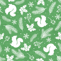Seamless Christmas pattern squirrel, spruce branches, holly berries, snowflakes, silver texture. New Year's holidays, Christmas decor.