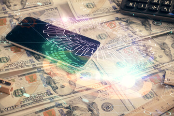 Double exposure of data theme drawing over us dollars bill background. Technology concept.