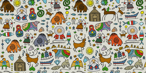 Fototapeta na wymiar Seamless pattern with North People Lifestyle. Sketch for your design