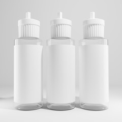 three glass bottles with blank label and white cap 3d render