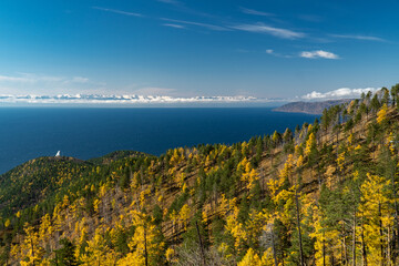 Autumn forest on the slopes of the Primorsky ridge on the shore of Lake Baikal