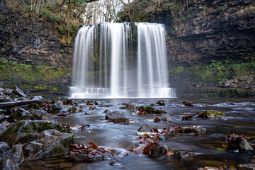 Sgwd yr Eira waterfall or fall of snow along the Four Waterfalls walk, Waterfall Country, Brecon Beacons national park, South Wales, the United Kingdom