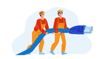 Fototapeta premium Network Lan Support Repairmen With Cable Vector. Network Lan Support Service Men Fixing And Connecting Cord. Characters Guys Engineer Internet Provider Employees Flat Cartoon Illustration