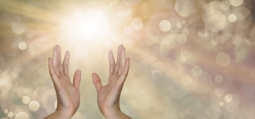 Distant Healers Message Banner Background - wide golden bokeh background showing a bright white light burst and a pair of female hands reaching up with copy space on right side
