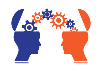 Open mind heads with gears vector design. Blue, orange color business infographics design to use in teamwork, brainstorming, leadership, career, motivation projects