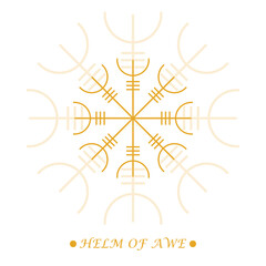 Helm of Awe or helm of terror sign. Aegishjalmur in golden color on white background. Icelandic symbol of protection and victory. Isolated pagan vector. Nordic tattoos. Vector illustration