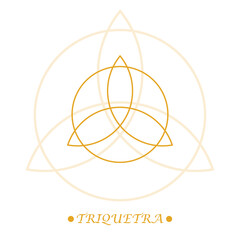 Triquetra sign, celtic knot icon. Line art. Celtic symbol of triangle in gold color on white background. Scandinavian protective amulet. Isolated pagan vector. Nordic tattoos. Vector illustration