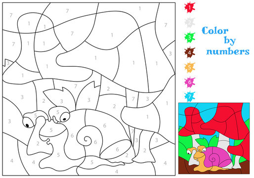 A funny snail sits under the mushrooms. We paint by numbers. Coloring book. An educational puzzle game for children.
