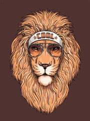Beautiful lion head in sunglasses. Illustration in a hand-drawn style. Stylish image for printing on any surface