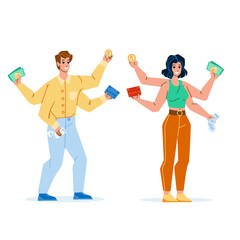 Fototapeta na wymiar Payment Options For Buying Goods In Shop Vector. Man And Woman Holding Credit Card And Money Cash, Paying Check And Cryptocurrency Coin, Payment Options For Pay. Characters Flat Cartoon Illustration