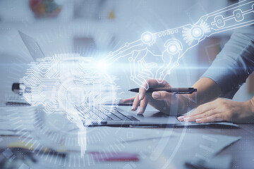 Multi exposure of woman hands working on computer and brain hologram drawing. Ai concept.