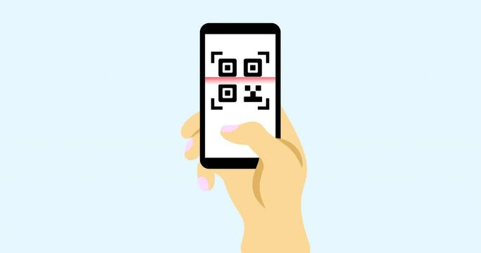 Scans QR-code tag with a smartphone, 4k video, animated and animation, alpha matte channel. Contactless payment, scan app, scanning and paying on mobile device , motion design and footage.