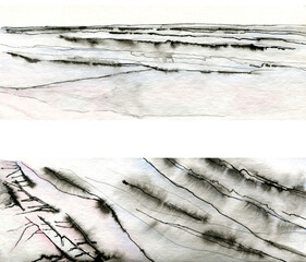 Hand drawn watercolor line art. Abstract winter landscape illustration of windy bay. Romantic sketch with ink in blue.