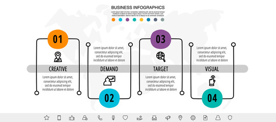 Hand-drawn vector line infographics with four rectangles and icons. Flat chart process template with 4 steps. Modern timeline for business project, presentation, web, diagram, content