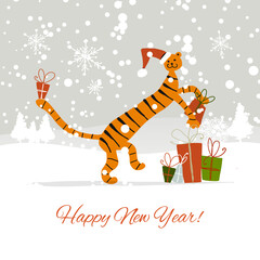 Christmas card template with santa Tiger and gifts. Symbol of 2022 New Year.