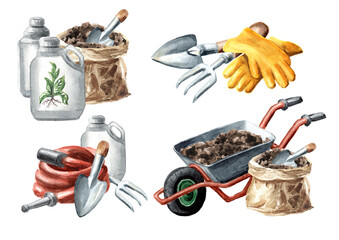 Gardening tools set. Spring works in the garden. Hand drawn watercolor illustration isolated on white background