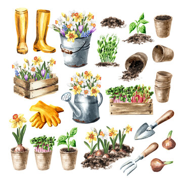 Gardening set. Spring works in the garden concept. Hand drawn watercolor illustration isolated on white background