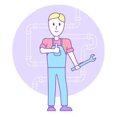 A plumber is holding a wrench in his hand and showing a thumbs up. Worker in flat style with outline on the background of water pipes.
