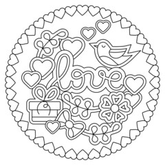 Doodle hand drawn coloring book page. Love words, hearts, flowers, abstract elements. Monochrome Vector illustration