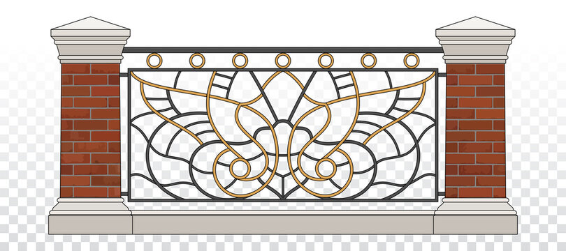 Classic Iron Railing With Red Brick Pillars. Gold Decor. Vintage. Vector. Wrought Iron Fence. Handrails. Art Nouveau Luxury Modern Architecture. Ornamental Fence. Palace. City. Street. Blacksmithing.