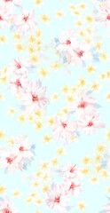 Fototapeta na wymiar Summer hawaiian seamless floral pattern. Hibiscus and plumeria watercolor pattern. Watercolor wedding print for textile or wallpaper. Watercolor hibiscus pattern