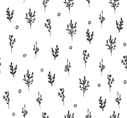 Hand drawn vector seamless pattern with floral elements and dots. Hand drawn black brunches upon white background. Simple botanical pattern for backgrounds, packaging, textile, fabric, interior design