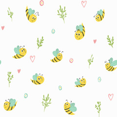 Fototapeta na wymiar Vector seamless pattern with bees and brunches. Cute ornament for backgrounds, wrapping paper, fabric, packages, ads, decorations and designs