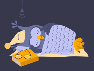 Owl sleeps on a pillow under a blanket. A nightcap is on his head. There is a book and glasses in front of the owl. Cartoon vector illustration, isolated on dark background