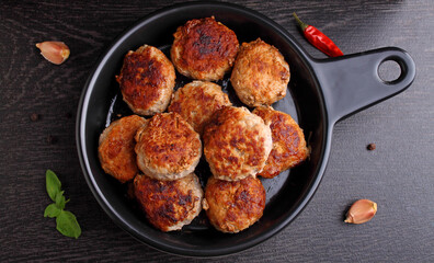 Meat cutlets decorated with basil in a black frying pan on a black background. Top view.