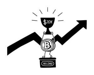 Bitcoin growth concept. Bitcoin price skyrocket hit record high, cryptocurrency investor got rich with growth high value trading concept. Character bitsoin record holder. Vector illustration.
