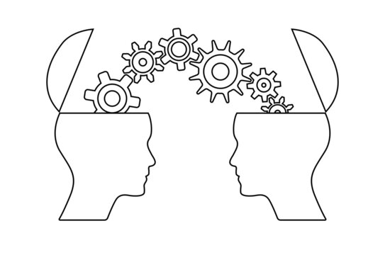 Open mind heads with gears outline flat vector design. Business infographics design to use in teamwork, brainstorming, leadership, career, motivation projects.