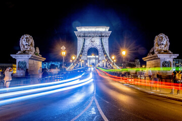 Fototapeta na wymiar August 13th 2019 - Budapest, Hungary: Lion Statues in front of Chain Bridge (Hungarian: Széchenyi ) at night