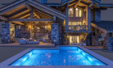 3d rendering of modern cozy chalet with pool and parking for sale or rent. Massive timber beams columns. In the night. Isolated on black