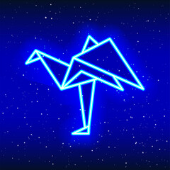 Obraz na płótnie Canvas Neon blue origami flamingo icon. Midnight blue. The art of folding. Neon flamingo design. Realistic neon icon. Linear icon on white background.