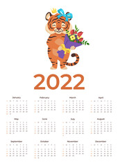 Vector cartoon 2022 calendar template with cute tiger