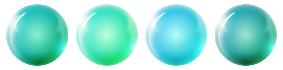 Set with glass green balls. Glossy realistic ball, 3D abstract vector illustration highlighted on a white background. Big metal bubble with shadow