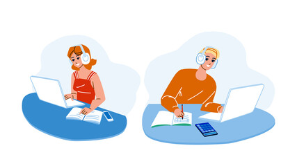 Student Couple Doing Homework On Laptop Vector. Young Boy And Girl Teenagers Wearing Earphones And Using Digital Computer For Preparing Homework. Characters Flat Cartoon Illustration