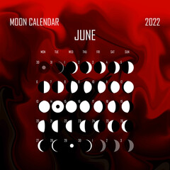 June 2022 Moon calendar. Astrological calendar design. planner. Place for stickers. Month cycle planner mockup. Isolated color liquid background