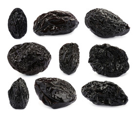 Set with sweet dried prunes on white background