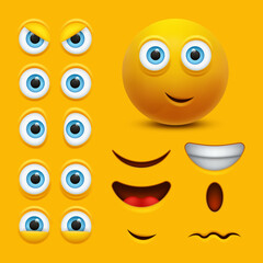 Set with emoji. Yellow face with emotions. Different templates of emotions. 3d realistic emoji. Vector illustration