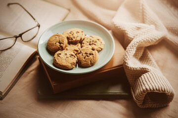 Cozy home reading of a book with a plate of delicious homemade chocolate cookies on a cold autumn day. Reading and relaxing. Lunch time. Hygge. 