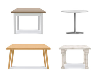 Vector table set. Empty wooden, plastic, stone tables. Template for object presentation. Vector realistic illustration