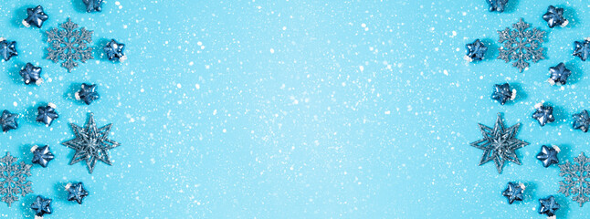 Christmas blue composition. Christmas decor on blue background. Xmas, winter, new year concept....